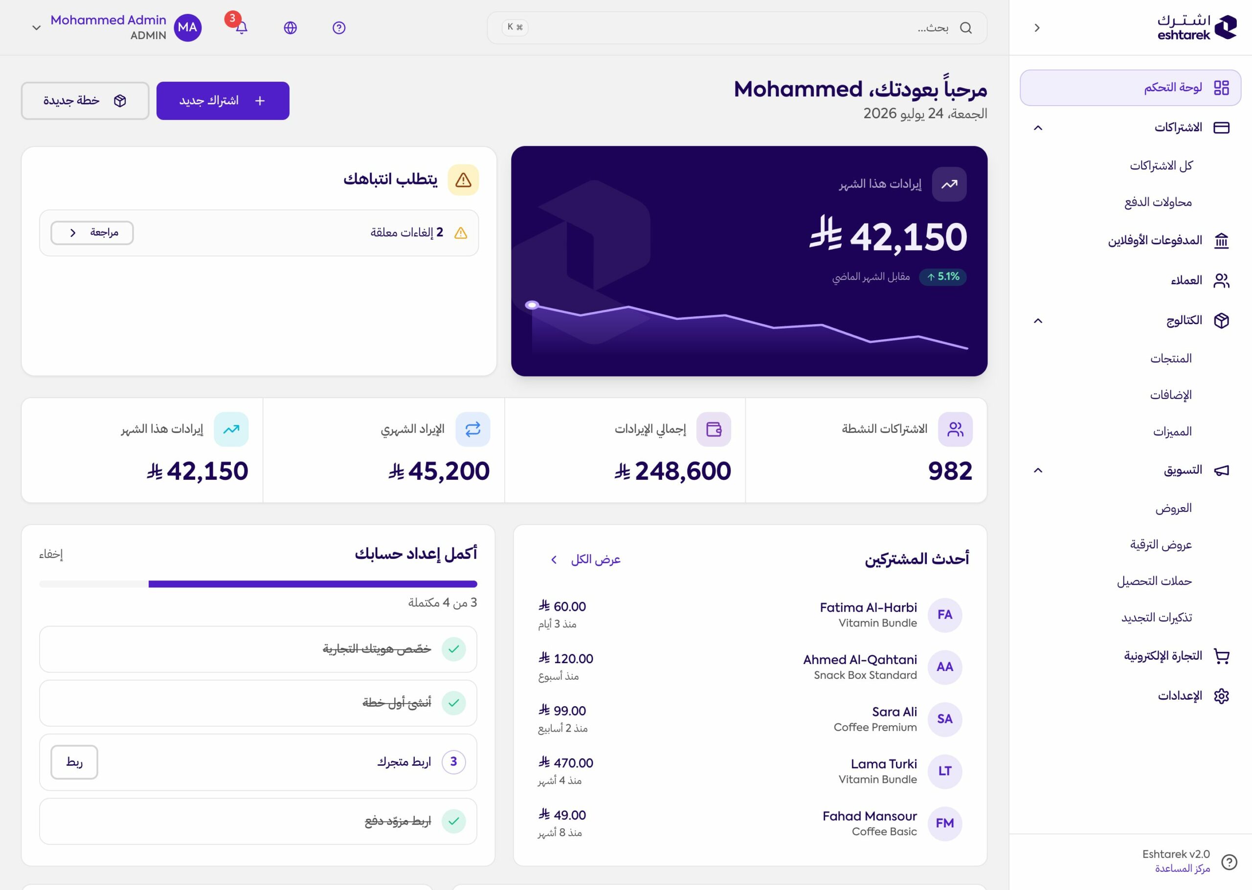 لوحة تحكم اشترك